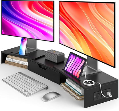 Elephance Dual Monitor Stand with USB Ports,Wood Computer Monitor Stand with Drawer,Adjustable Monitor Stand Riser,Desk Organizer for PC,Computer,Laptop,Black
