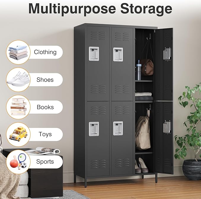 Letaya Metal Lockers for Employees-6 Door Storage Locker with Shelves and Lockable Steel Cabinet for School,Gym,Office,Staff(Black, 6 Door)
