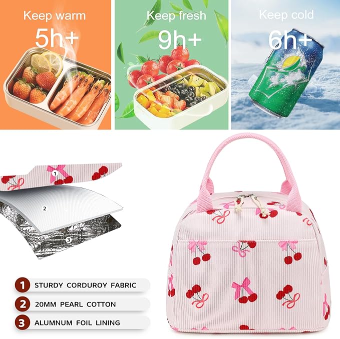 Bluboon Lunch Bag for Women Men Cute Corduroy Lunch Tote Bags Reusable Insulated Lunch Box Large Capacity Reusable Insulated Cooler for Work Picnic or Travel