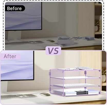 DALTACK 3 Tier Letter Tray Paper Organizer Mesh Metal Desk File Organizer for Home & Office, Light Purple