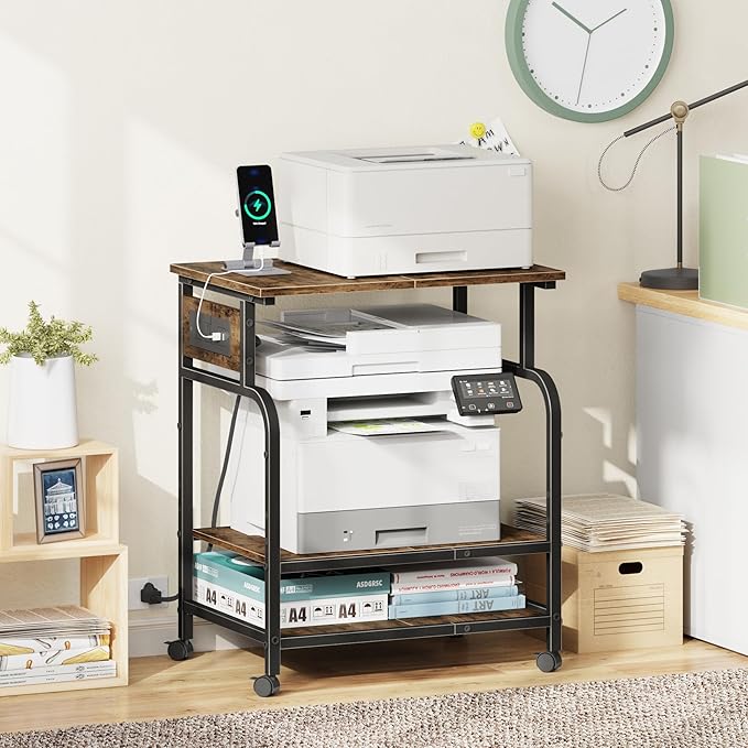 YAOHUOO 3 Tier Large Printer Stand with Power Outlet/Adjustable Storage Shelf, Rolling Cart with Wheels, Printer Table for Home Office 3D Printer/Heat Press/Laster, 22"×15" Rustic Brown