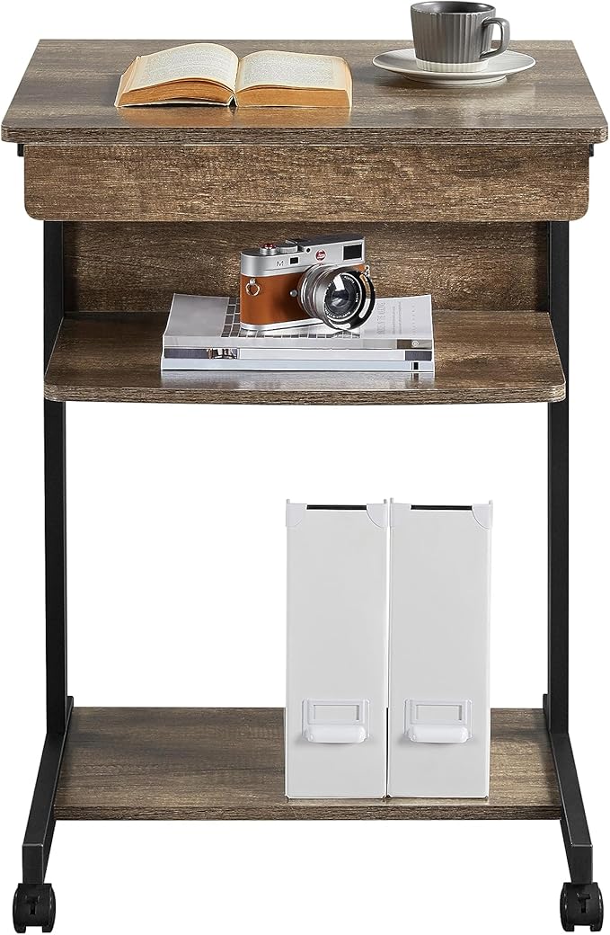 Yaheetech Small Rolling Computer Desk with Storage Drawer, Rolling Home Office Computer Desk with Keyboard Tray, Laptop Desk with Wheels and Drawer, Taupe Wood