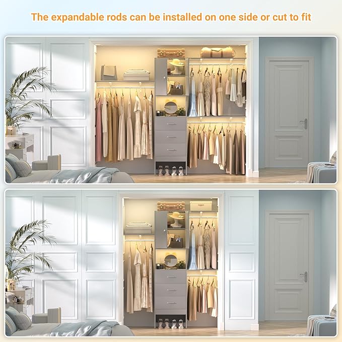 Armocity 96 Inches Closet System with Doors, 8FT Walk In Closet Organizer with 3 Shelving Towers, Heavy Duty Clothes Garment Rack with 3 Wood Drawers, 96" L x 16" W x 80" H, Max Load 1000 LBS, Grey