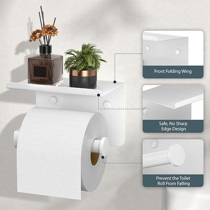 FORIOUS Toilet Paper Holder with Shelf, Adhesive or Screw Wall Mount Toilet Paper Roll Holder for Bathroom, Rustproof 304 Stainless Steel Toilet Roll Tissue Holder Dispenser with Shelf (1, White)