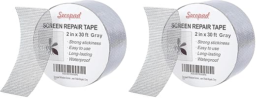 Grey Window Screen Repair Tape, 2IN X 30FT (360IN) Screen Repair Kit for Windows or Doors, Strong Adhesive Patch Kit Fiberglass Mesh Tape (Pack of 2)