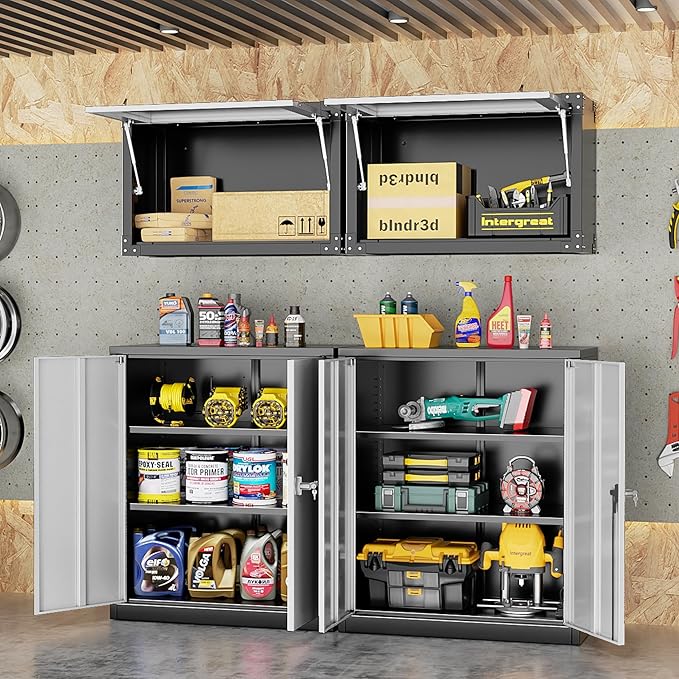 INTERGREAT Metal Storage Cabinet with Doors and Shelves,Lockable Storage Cabinet for Office,36”Black Grey Metal Utility Cabinet Garage Cabinets for Home Office, Garage, Kitchen, Shop