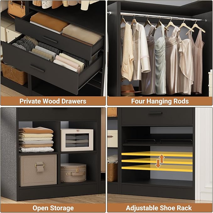 Unikito 86" Corner Closet System, Modular Closets Organizer with 4 Hanging Rods and Storage Shelves, Freestanding Adjustable Wood Clothes Garment Rack with Drawers, Sturdy Walk in Closet Tower, Black