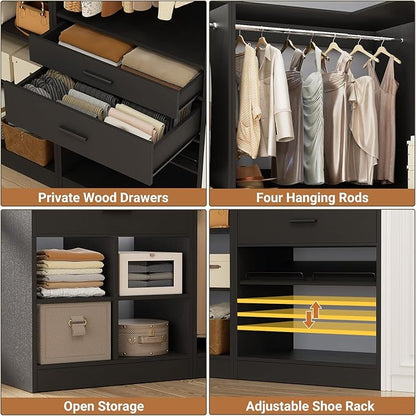 Unikito 86" Corner Closet System, Modular Closets Organizer with 4 Hanging Rods and Storage Shelves, Freestanding Adjustable Wood Clothes Garment Rack with Drawers, Sturdy Walk in Closet Tower, Black