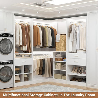Unikito 86" Corner Closet System, Modular Closets Organizer with 4 Hanging Rods and Storage Shelves, Freestanding Adjustable Wood Clothes Garment Rack with Drawers, Sturdy Walk in Closet Tower, White