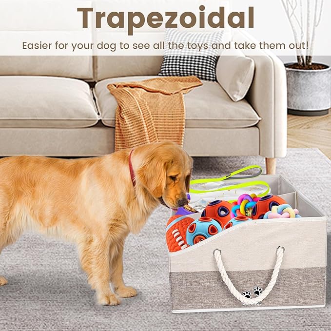 Large Dog Toy Basket With Handle, Foldable Dog Toy Box for Living Room Area, 28.5" Basket for Dog's Toys, Clothes, Organizers and Storage with Hard Board, Anti-slip for Pet Toys (Brown, Large)