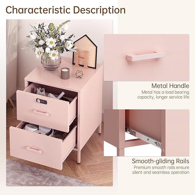 2 Drawer End Side Table with Lock Metal Nightstand, Lockable Storage Cabinet Kids Cabinet for Living Room, Bedroom, Dorm, 21.26”H X 15.75”W X 15.75”D (2 Drawer, Pink)