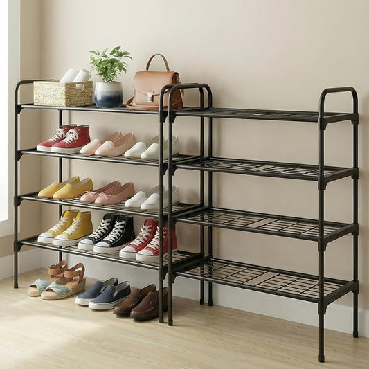 4-Tier Shoe Rack Organlzer, Rustproof lron, Spaclous Shoe Storage Shelf for Closet or Entryway, Fits Sneakers & Slippers, Black