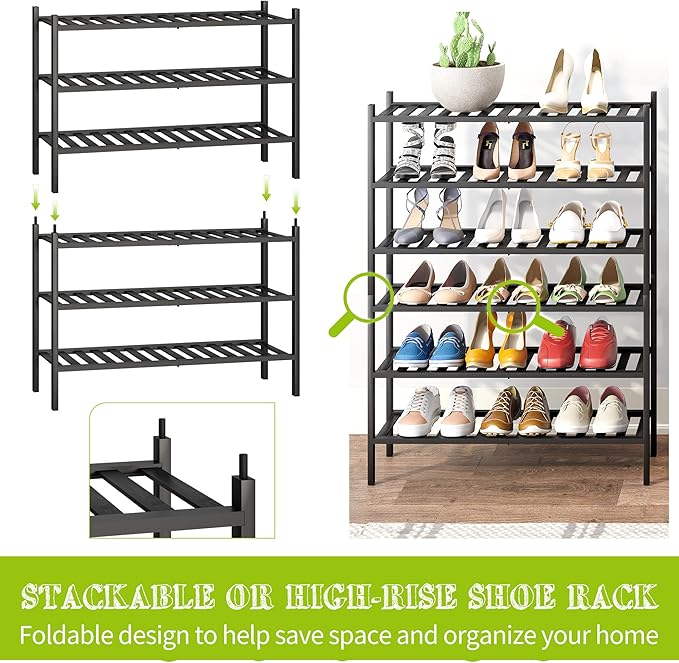 BMOSU 3-Tier Bamboo Shoe Rack Premium Stackable Shoe Shelf Storage Organizer for Hallway Closet Living Room Entryway Organizer (Black Bamboo)