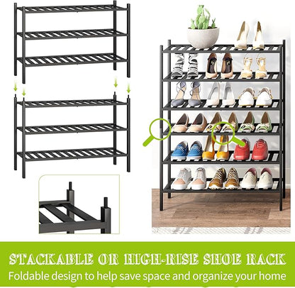 BMOSU 3-Tier Bamboo Shoe Rack Premium Stackable Shoe Shelf Storage Organizer for Hallway Closet Living Room Entryway Organizer (Black Bamboo)