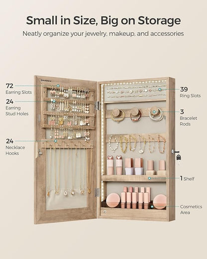 SONGMICS Mirror Jewelry Cabinet Armoire with Built-in LED Lights, Wall or Door Mounted Jewelry Storage Organizer, 3.8 x 14.6 x 26.4 Inches Hanging Mirror Cabinet, Gift Idea, Camel Brown UJJC050N01