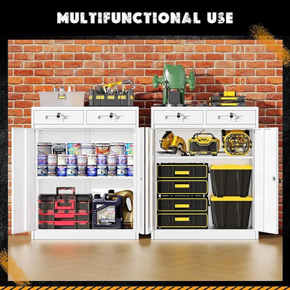 Greenvelly Metal Storage Cabinet, 42' White Steel Garage Cabinet with 2 Doors, Adjustable Shelves, Locking for Office, School or Tool Organization