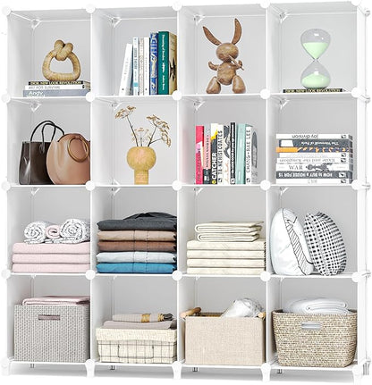 Neprock 16 Cubby Storage Organizer, Closet Clothes Storage Organizer, Cube Shelves Closet Organizers and Storage Shelves for Clothing Storage with Hammer, Bookshelf for Kids (White)