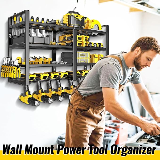 Power Tool Organizer Wall Mount, 4 Layer Heavy Duty Metal Power Tool Storage Rack, 8 Drill Holders Wall Mount, Utility Racks Cordless Tool Storage Rack for Garage Workshop