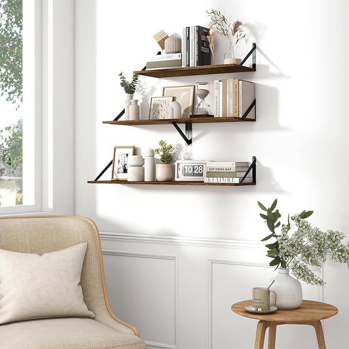 Fun Memories Deep Floating Shelves for Wall, 24W x 8D Wall Mounted Shelves Set of 2, Wide Display Ledge Shelf with Sturdy Metal Brackets for Living Room, Bathroom, Bedroom and Kitchen, Rustic Brown