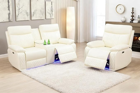 Living Room Furniture Sets,Power Reclining Loveseat Couch Set for Living Room, Power Reclining Loveseat Recliner Chair with Drop Down Table LED Cupholders for Home and Office, Beige