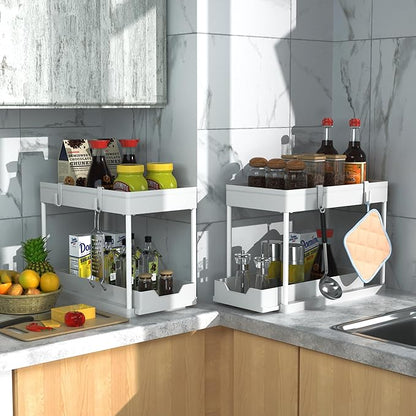 2 Pack Under Sink Organizer, 2 Tier Bathroom Cabinet Organizer with Sliding Basket, Multi-Purpose Under Sink Organizers and Storage for Bathroom Kitchen (White 2 Pack)