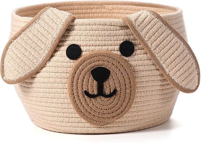 Zopeal Dog Woven Basket Cute Woven Cotton Rope Puppy Animal Storage Basket for Laundry Toy Gift(Khaki,13 x 8 Inch)