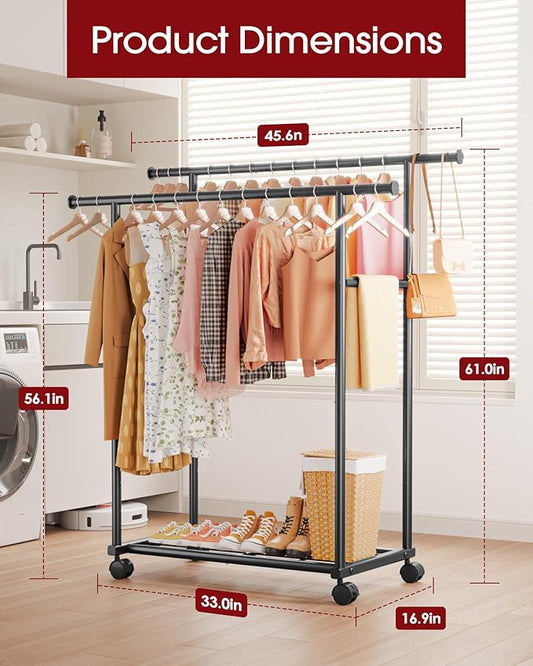 Metal Clothes Rack - Double Rod Clothing Rack with Fixed Design and Rolling Wheels, Coat Rack with Built-In Shelf for Closet Organizers and Storage (45.6" x 16.9" x 61.0", Black)