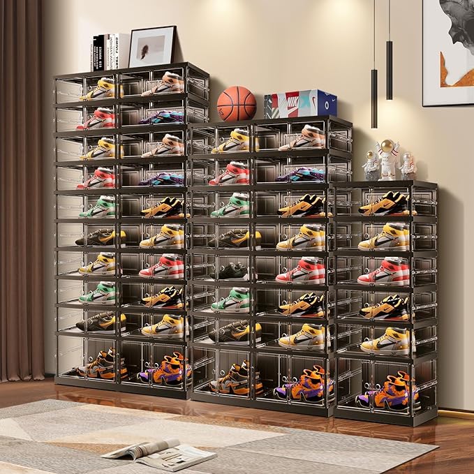3 Tiers 6-12 Pairs Foldable Shoe Rack for Closet Plastic Stackable Shoe Boxes for Garage Collapsible Shoes Shelf with Doors Storage Organizer Cabinet Quick Assembly,Black