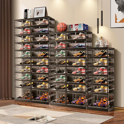3 Tiers 6-12 Pairs Foldable Shoe Rack for Closet Plastic Stackable Shoe Boxes for Garage Collapsible Shoes Shelf with Doors Storage Organizer Cabinet Quick Assembly,Black