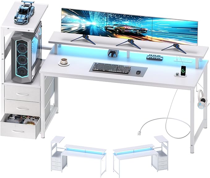 DUMOS L Shaped Gaming Desk with Shelves Storage Drawers 59'', White Computer Desks with LED Lights Power Outlets, Office Wood Table with PC Stand Cable Management for Bedroom Dual Monitor Streaming