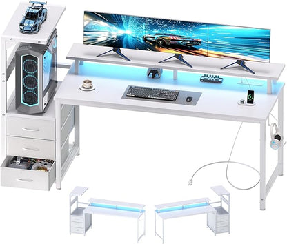 DUMOS L Shaped Gaming Desk with Shelves Storage Drawers 59'', White Computer Desks with LED Lights Power Outlets, Office Wood Table with PC Stand Cable Management for Bedroom Dual Monitor Streaming