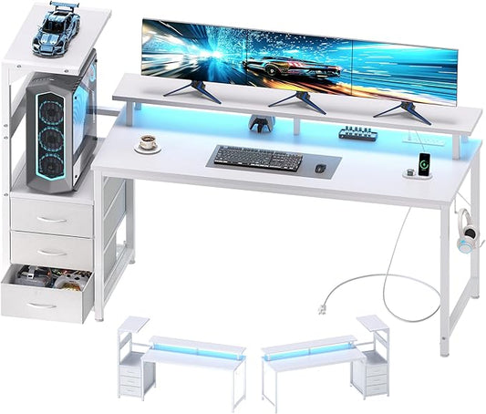 DUMOS L Shaped Gaming Desk with Shelves Storage Drawers 59'', White Computer Desks with LED Lights Power Outlets, Office Wood Table with PC Stand Cable Management for Bedroom Dual Monitor Streaming