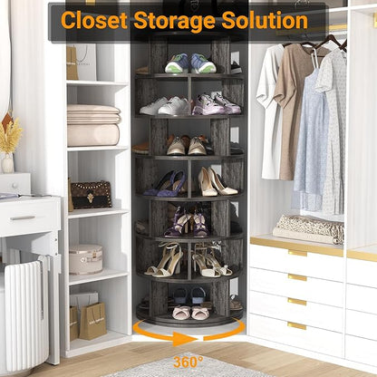 Aheaplus Rotating Shoe Rack Tower, 7-Tier Spinning Shoe Rack 360 Revolving Shoe Rack Organizer for Closet, Display Round Storage Carousel Shoes Closet Organization, Grey Oak
