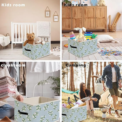 Blue and White Tiny Hydrangea Floral Storage Bin Box with Handles, Chinoiserie Grandmillennial Hydrangea Flower Foldable Organizer Basket Toybox for Girls Bedroom Bathroom Clothes Toys Books