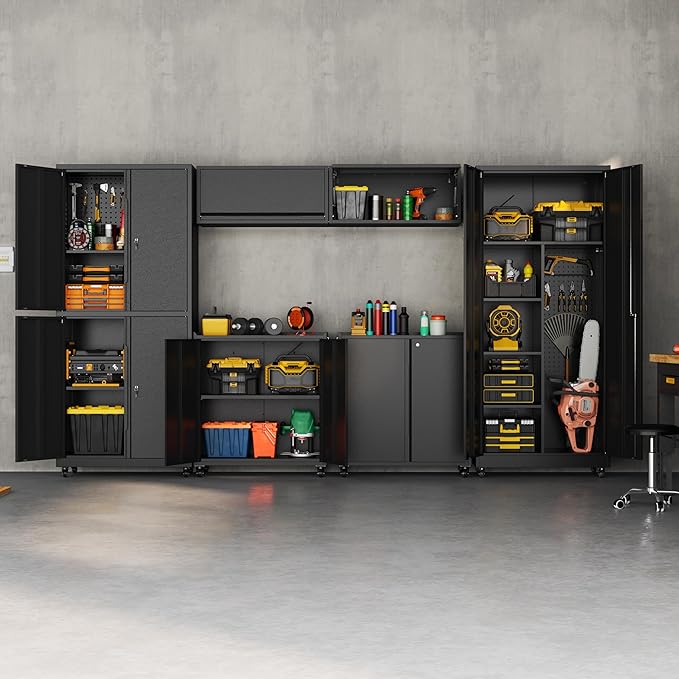 Garage Storage Cabinet with Wheels, Metal Storage Cabinet with 2 Doors and Adjustable 4 Shelves for Garage, Basement, Warehouse, Office, Black, Assembly Required