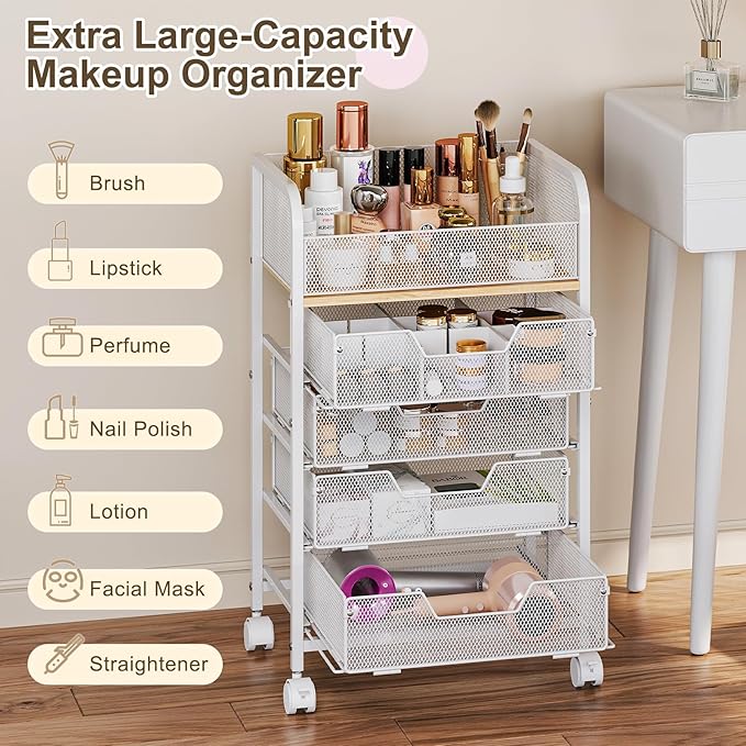 Makeup Cart Organizer with 4 Drawers, Large Floor Skincare Organizers, Vanity Storage Organizer Cosmetics Display Cases for Skin Care Perfume Nail Polish, White