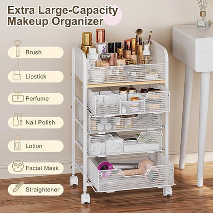 Makeup Cart Organizer with 4 Drawers, Large Floor Skincare Organizers, Vanity Storage Organizer Cosmetics Display Cases for Skin Care Perfume Nail Polish, White