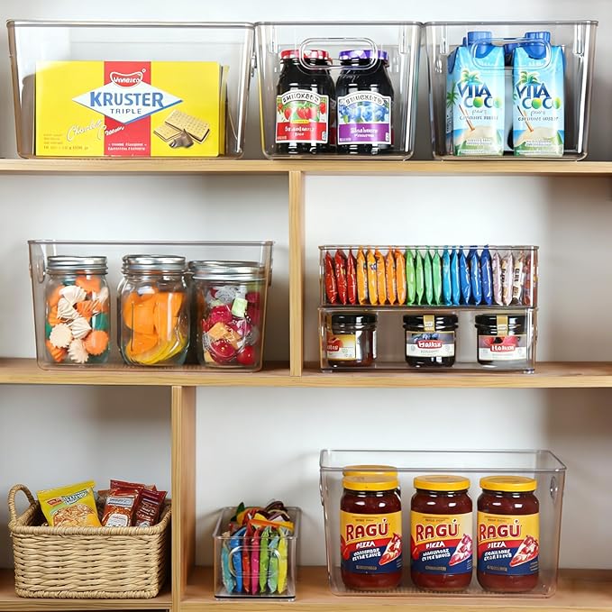 Hudgan 8 Packs Refrigerator Organizers and Storage，4 Large Clear Plastic Bins and 4 Small Stackable Clear Containers for Home Edit, Kitchen Cabinet, Freezer, Bathroom, Office, Drawer
