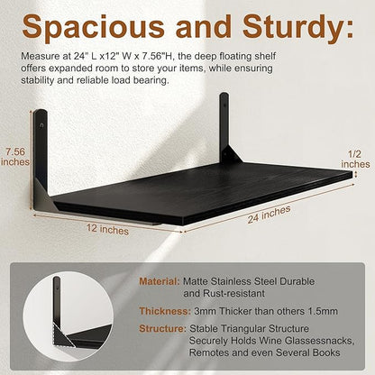 Fun Memories Deep Floating Shelves for Wall, 12 Inch Deep Black Wall Shelf, 24 Inch Long Floating Shelves with Bracket Set of 2, Rustic Deep Storage Shelf for Bedroom, Living Room, Kitchen