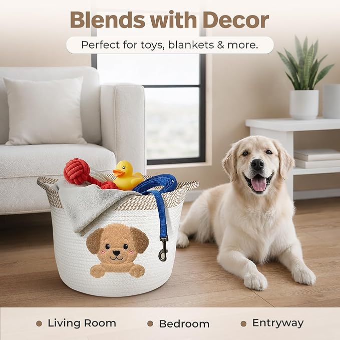 Golden Retriever/Labrador Dog Toy Basket, 15x11 Inch Woven Cotton Rope Storage Bin with Puppy Patch, Large Pet Organizer for Toys, Blankets, Leashes, Living Room Decor (Beige/White)