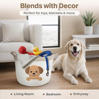 Golden Retriever/Labrador Dog Toy Basket, 15x11 Inch Woven Cotton Rope Storage Bin with Puppy Patch, Large Pet Organizer for Toys, Blankets, Leashes, Living Room Decor (Beige/White)
