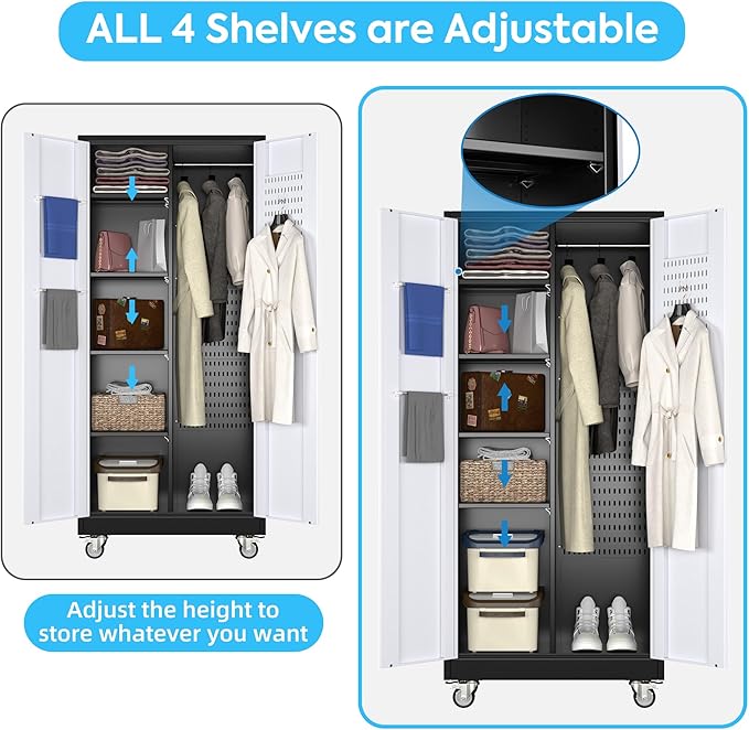 Metal Broom Closet Storage Cabinet, Garage Storage Cabinet with Wheels, Pegboard, Lockable Doors, 4 Adjustable Shelves for Garage, Home, Black and White, 71" H x 31.5" W x15.75 D