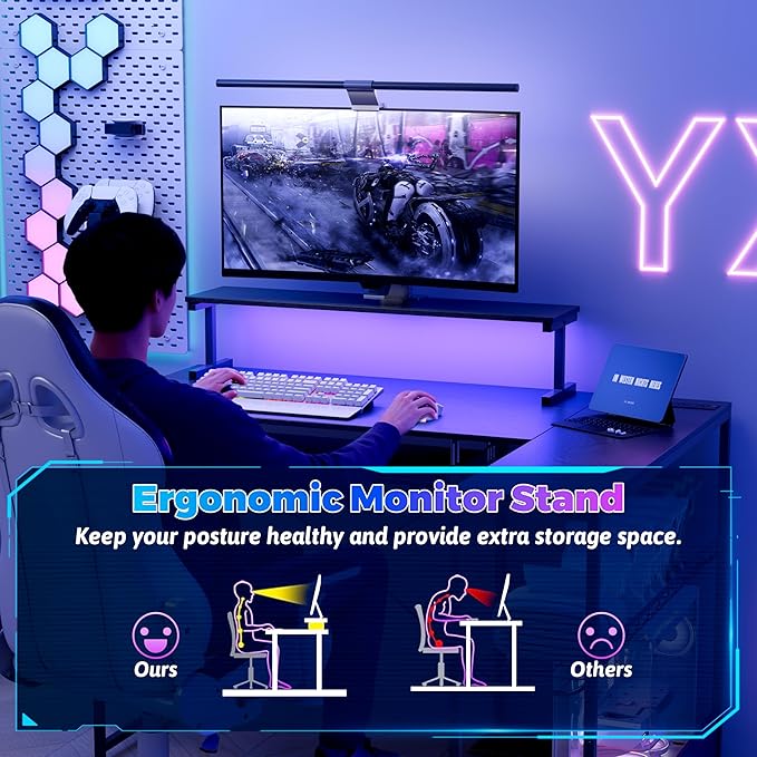 Computer Desk, L Shaped Gaming Desk with Monitor Stand & Storage Shelf & LED Light & USB Power Outlet, Reversible Shelves Corner Table with Keyboard Tray for Gaming, Home Office, Study