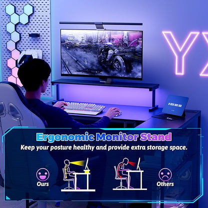 Computer Desk, L Shaped Gaming Desk with Monitor Stand & Storage Shelf & LED Light & USB Power Outlet, Reversible Shelves Corner Table with Keyboard Tray for Gaming, Home Office, Study