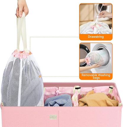 WOWLIVE Laundry Hamper with Lid,160L Large Laundry Basket 3 Section with Removable Washing Bags,Collapsible Waterproof Dirty Clothes Hamper for Laundry Room Bathroom Dorm,Pink