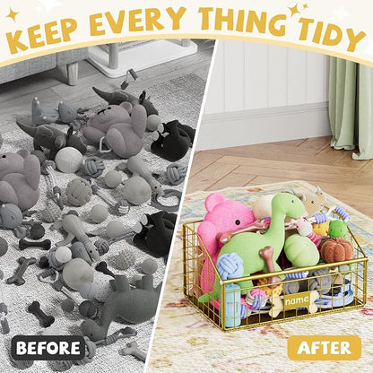 Indestructible Dog Toy basket, Small Toy Box for Dogs, Pet Toy Bin Dog Metal Basket for Toys, Toy Storage Organizer, Cat Toy Box for Living Room Area(Gold)