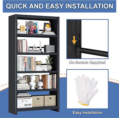 Bookshelf, Tall Bookcase for Books, CDs, Movies, Garage Kit, 5 Tier Book Shelf, Modern Display Shelf for Library Home Office Bderoom Living Room, Metal Bookshelves Industrial Black