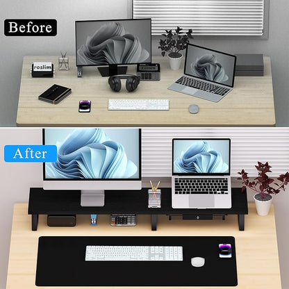 Wood Dual Monitor Stand Riser - Monitor Stand for 2 Monitors, Large Computer Stand For Desk with Metal Legs, Desk Organizers and Storage With Drawer, Desk Shelf for Computer/Laptop/Printer/TV, Black