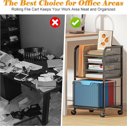 5-Tier Rolling File Cart Under Desk with Drawers, File Cabinet Organizer for Hanging File Folders, Letter-Size File Storage with Wheels, Multi-Layer Mobile Filing Cabinet for Under Desk Storage
