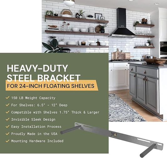 Floating Shelf Bracket - 2 Pack 24” Hidden Shelf Brackets, 150 LB Weight Capacity, Supports Wall Mounted Floating Shelves of Any Length,3/4 Inch Industrial Solid Steel Support Rods - Walnut Wood Works